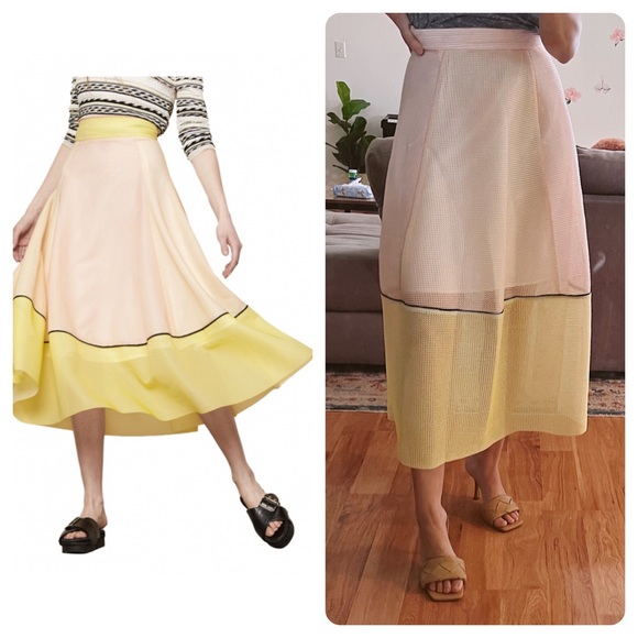 MAJE puff midi scuba colorblock high rise skirt yellow pink - Picture 3 of 6